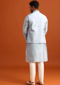 Aqua Blue Jacket Kurta Set With Hand Work