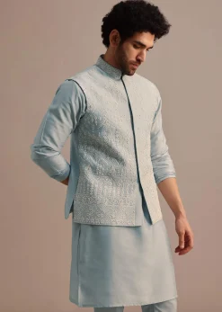 Aqua Blue Kurta Jacket Set With Thread Work For Men