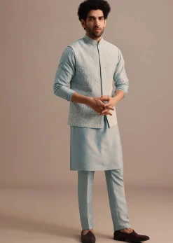 Aqua Blue Kurta Jacket Set With Thread Work For Men