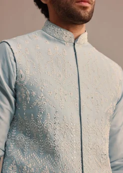 Aqua Blue Kurta Jacket Set With Thread Work For Men