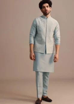 Aqua Blue Kurta Jacket Set With Thread Work For Men