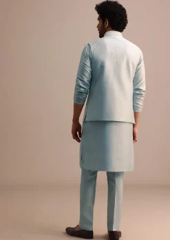 Aqua Blue Kurta Jacket Set With Thread Work For Men