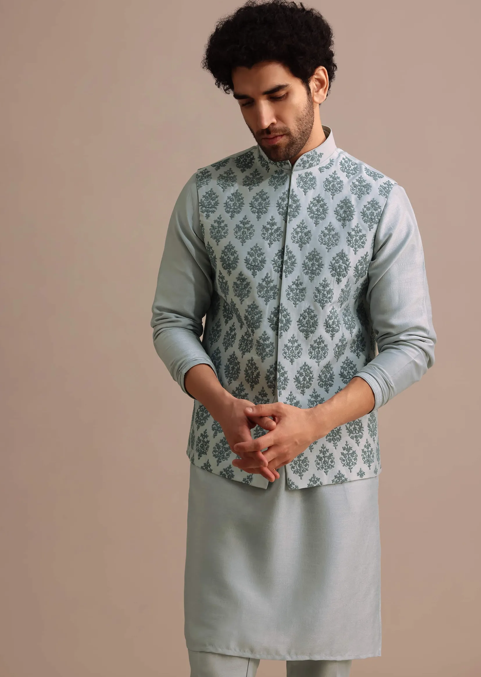 Aqua Blue Kurta Jacket Set With Dori Work And Stone Embroidery