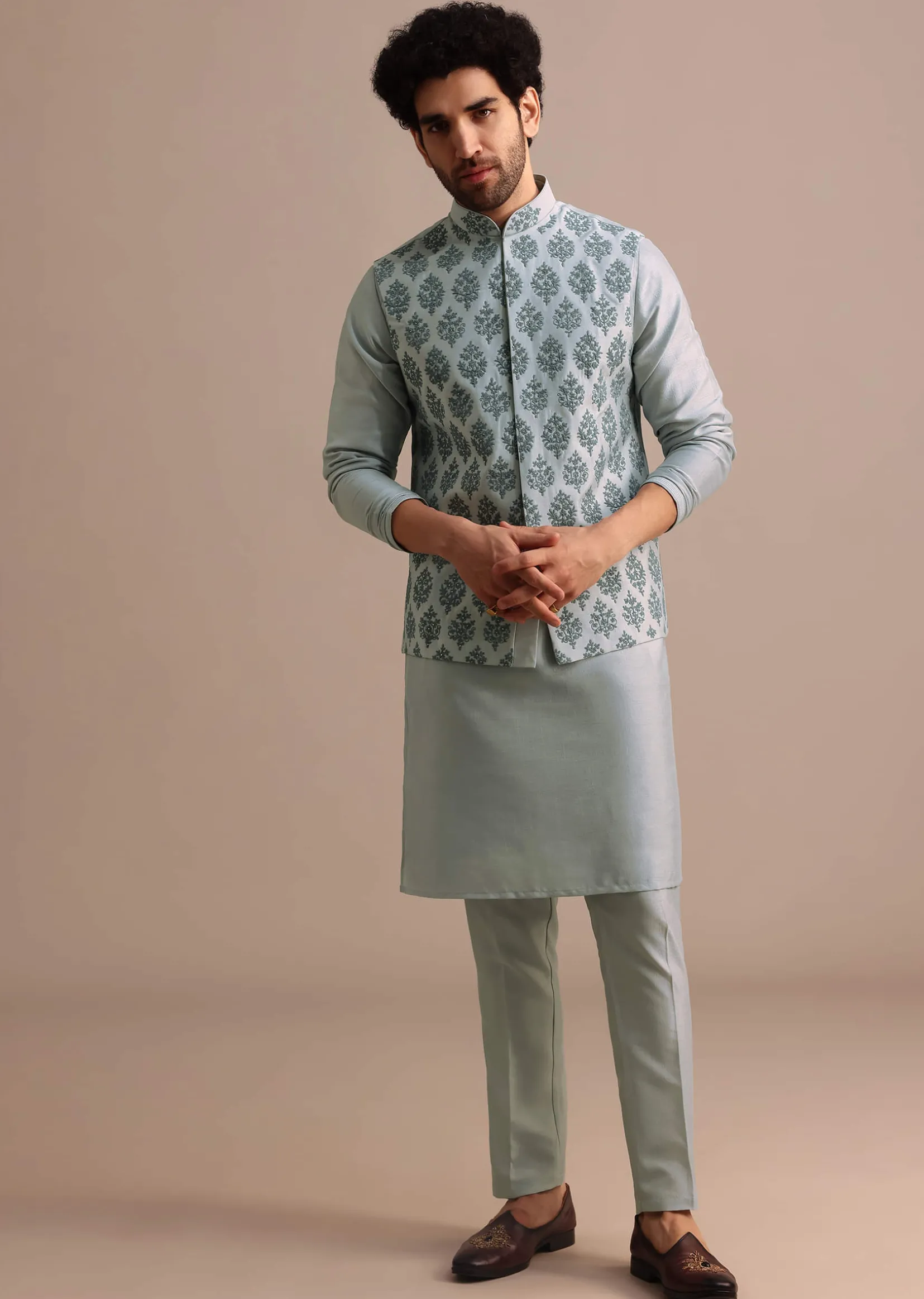Aqua Blue Kurta Jacket Set With Dori Work And Stone Embroidery