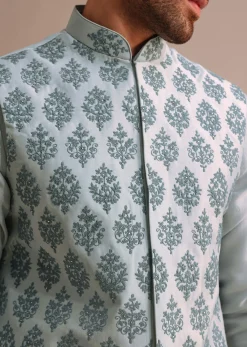 Aqua Blue Kurta Jacket Set With Dori Work And Stone Embroidery