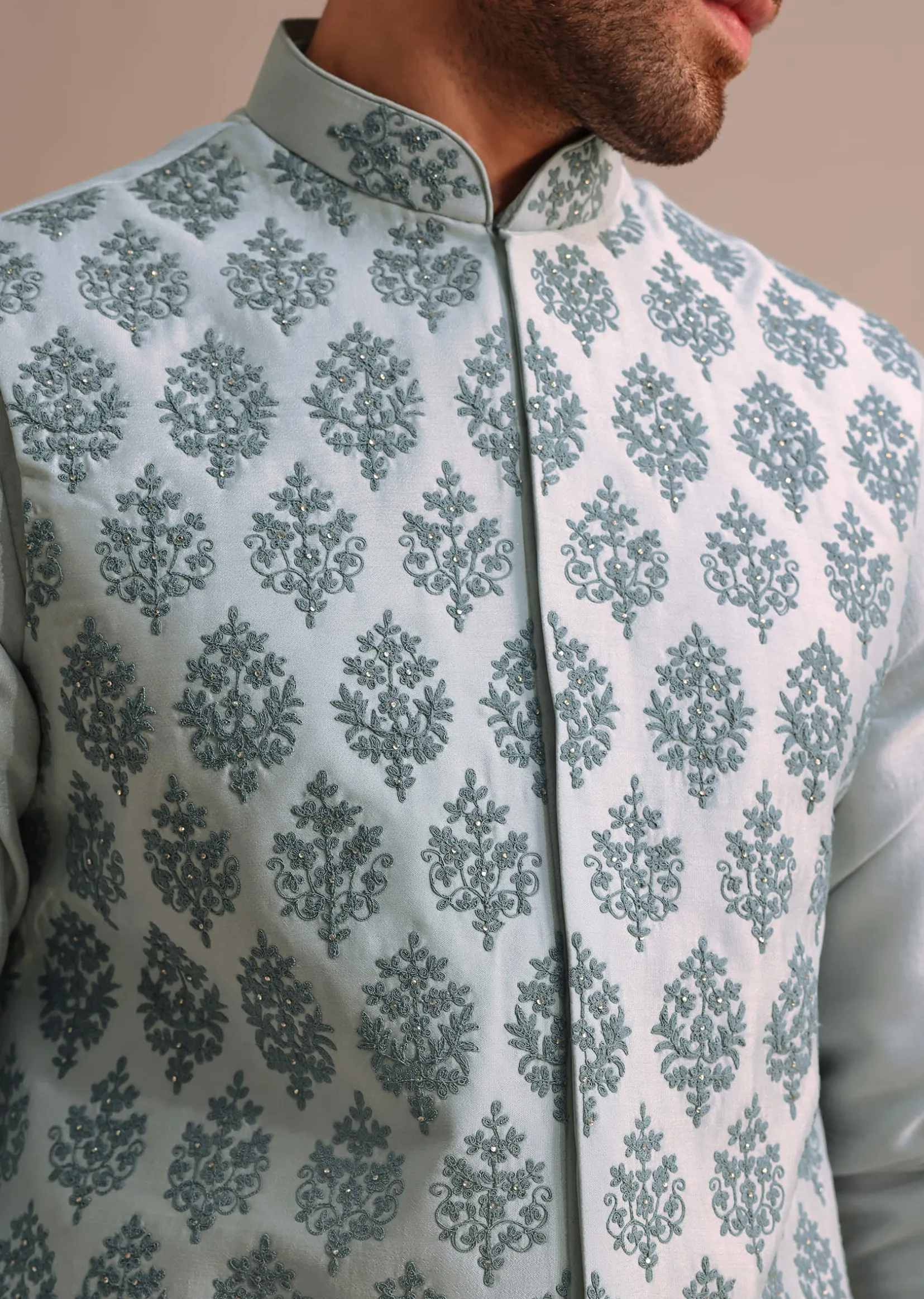 Aqua Blue Kurta Jacket Set With Dori Work And Stone Embroidery