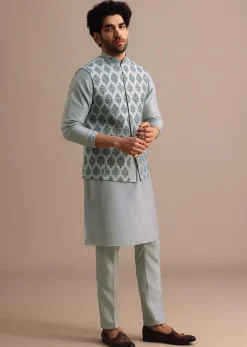 Aqua Blue Kurta Jacket Set With Dori Work And Stone Embroidery