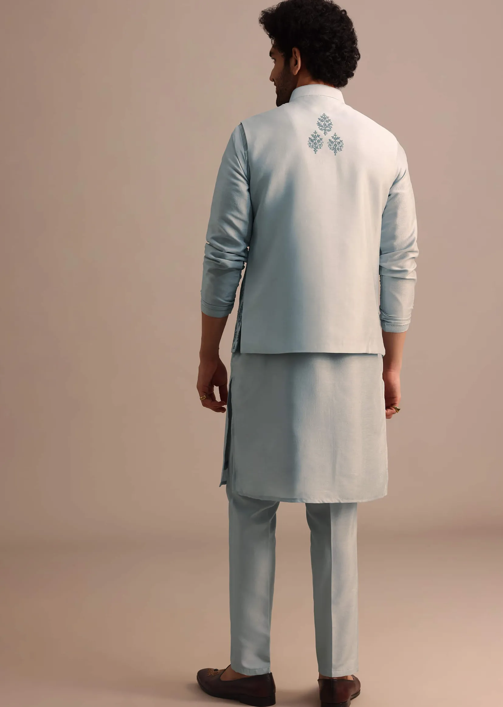 Aqua Blue Kurta Jacket Set With Dori Work And Stone Embroidery