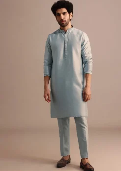Aqua Blue Kurta Jacket Set With Dori Work And Stone Embroidery