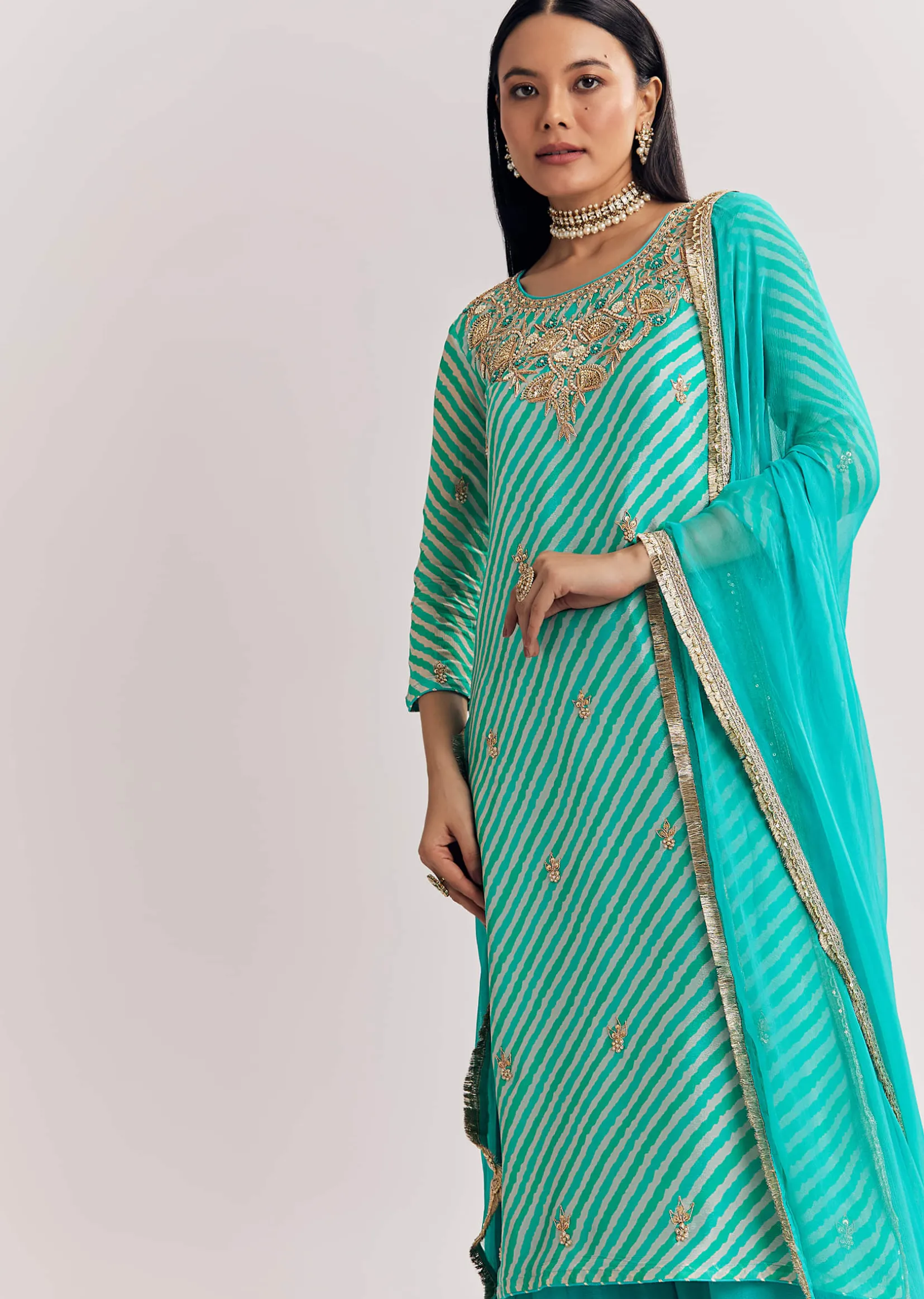 Aqua Blue Leheriya Kurta Palazzo Suit With Zardosi And Moti Work
