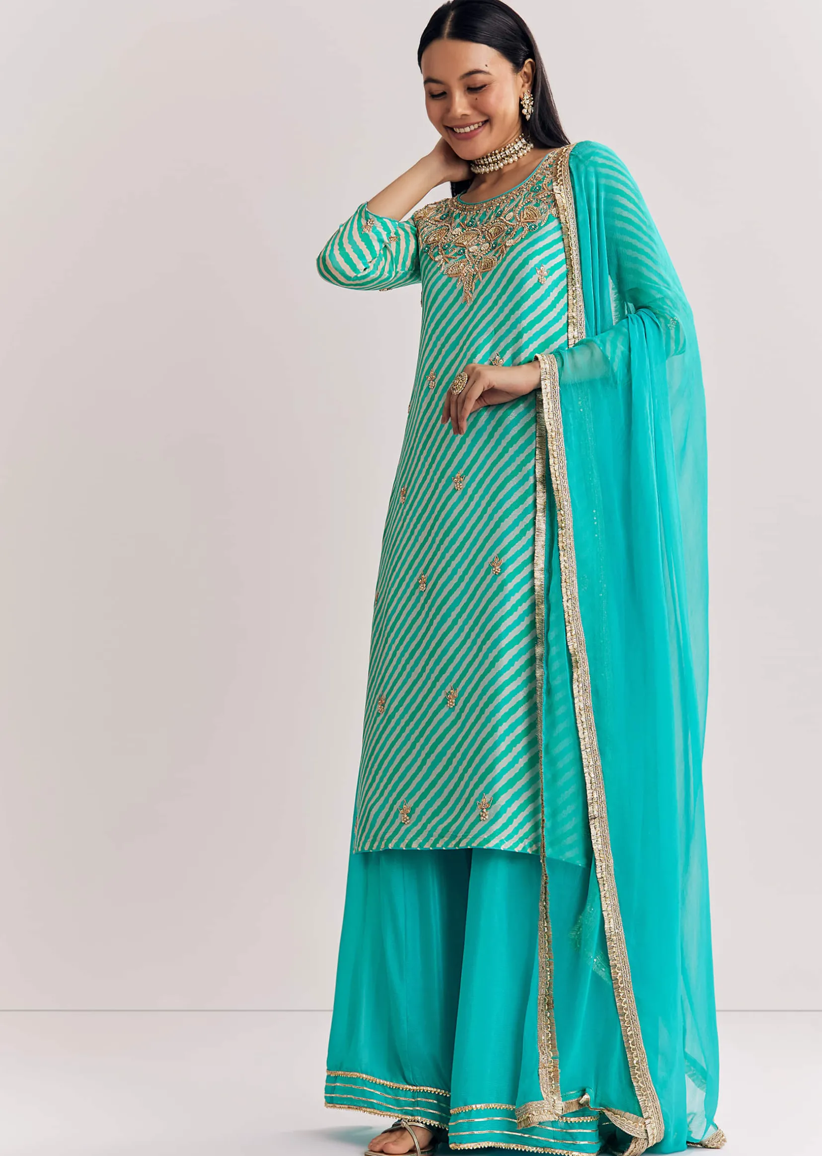Aqua Blue Leheriya Kurta Palazzo Suit With Zardosi And Moti Work