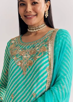 Aqua Blue Leheriya Kurta Palazzo Suit With Zardosi And Moti Work