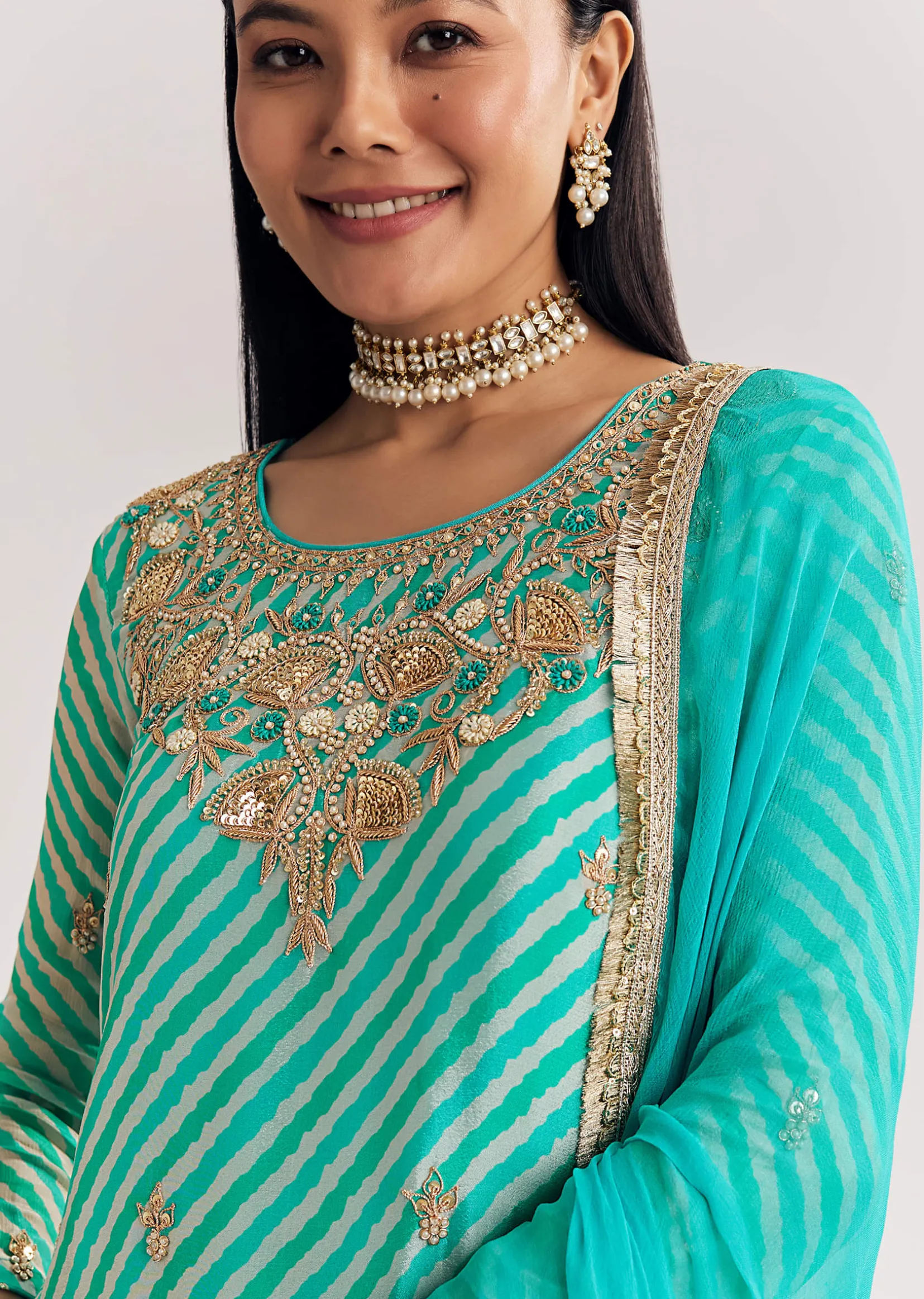 Aqua Blue Leheriya Kurta Palazzo Suit With Zardosi And Moti Work