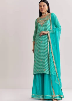 Aqua Blue Leheriya Kurta Palazzo Suit With Zardosi And Moti Work