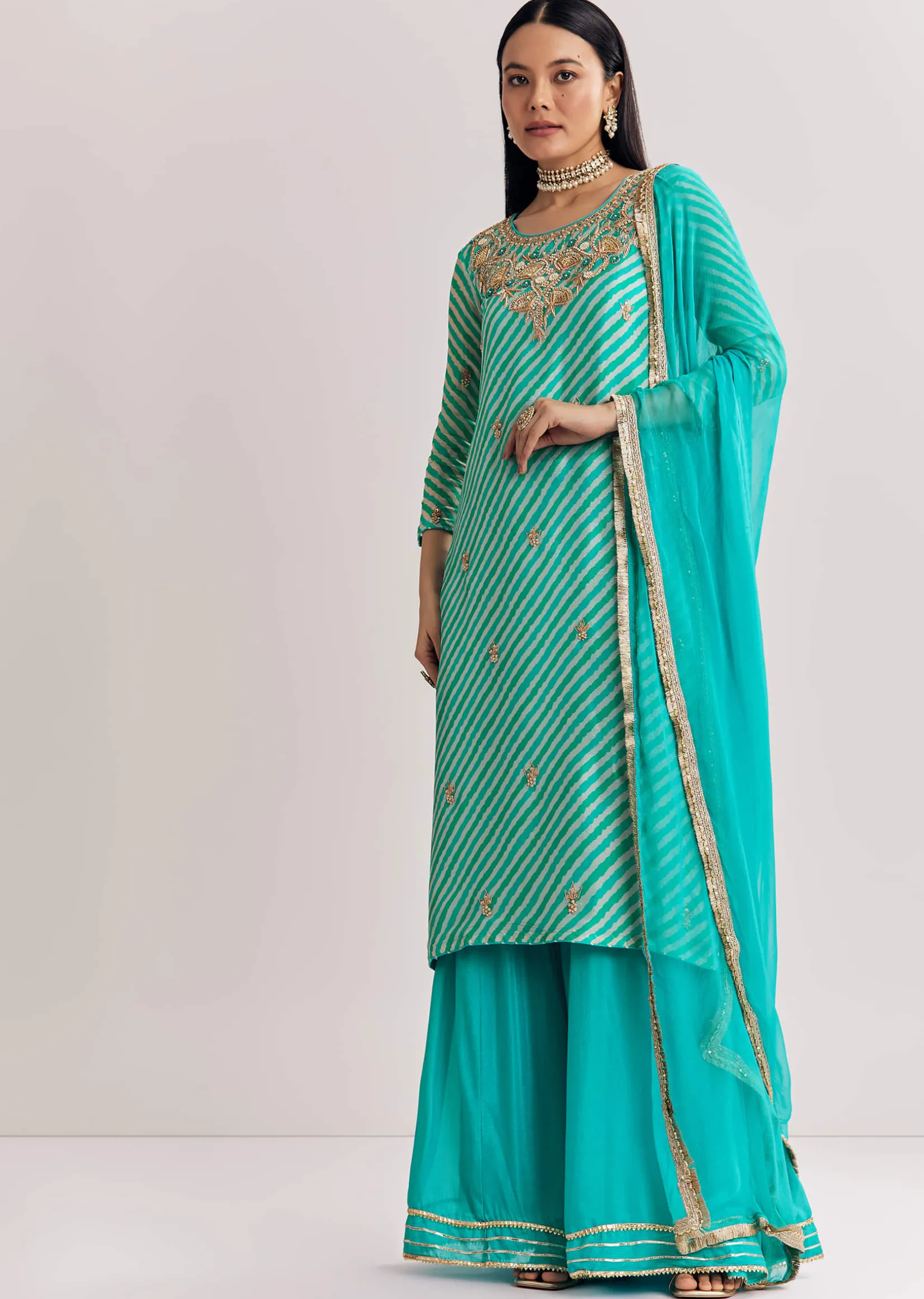 Aqua Blue Leheriya Kurta Palazzo Suit With Zardosi And Moti Work