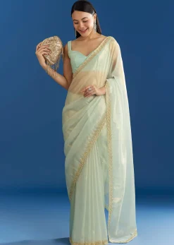 Aqua Blue Organza Tissue Embellishd Saree With Scallop Border