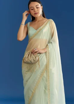 Aqua Blue Organza Tissue Embellishd Saree With Scallop Border