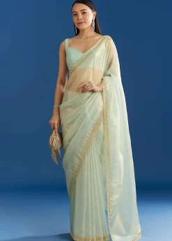 Aqua Blue Organza Tissue Embellishd Saree With Scallop Border