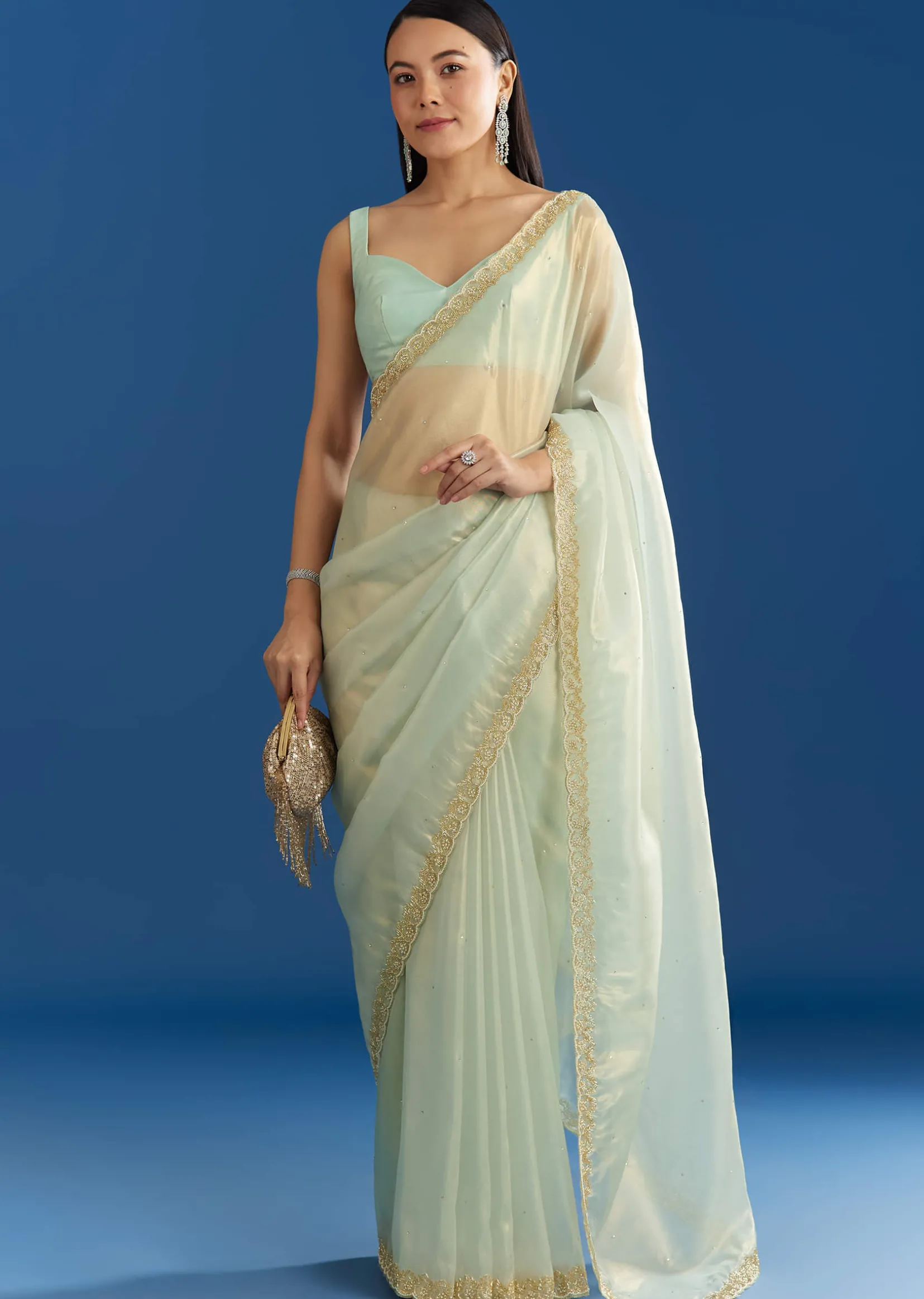 Aqua Blue Organza Tissue Embellishd Saree With Scallop Border