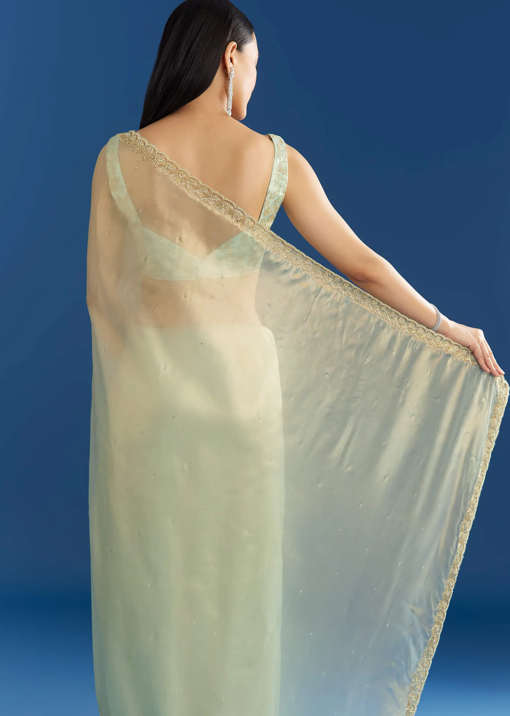 Aqua Blue Organza Tissue Embellishd Saree With Scallop Border