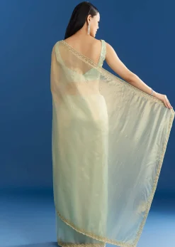 Aqua Blue Organza Tissue Embellishd Saree With Scallop Border