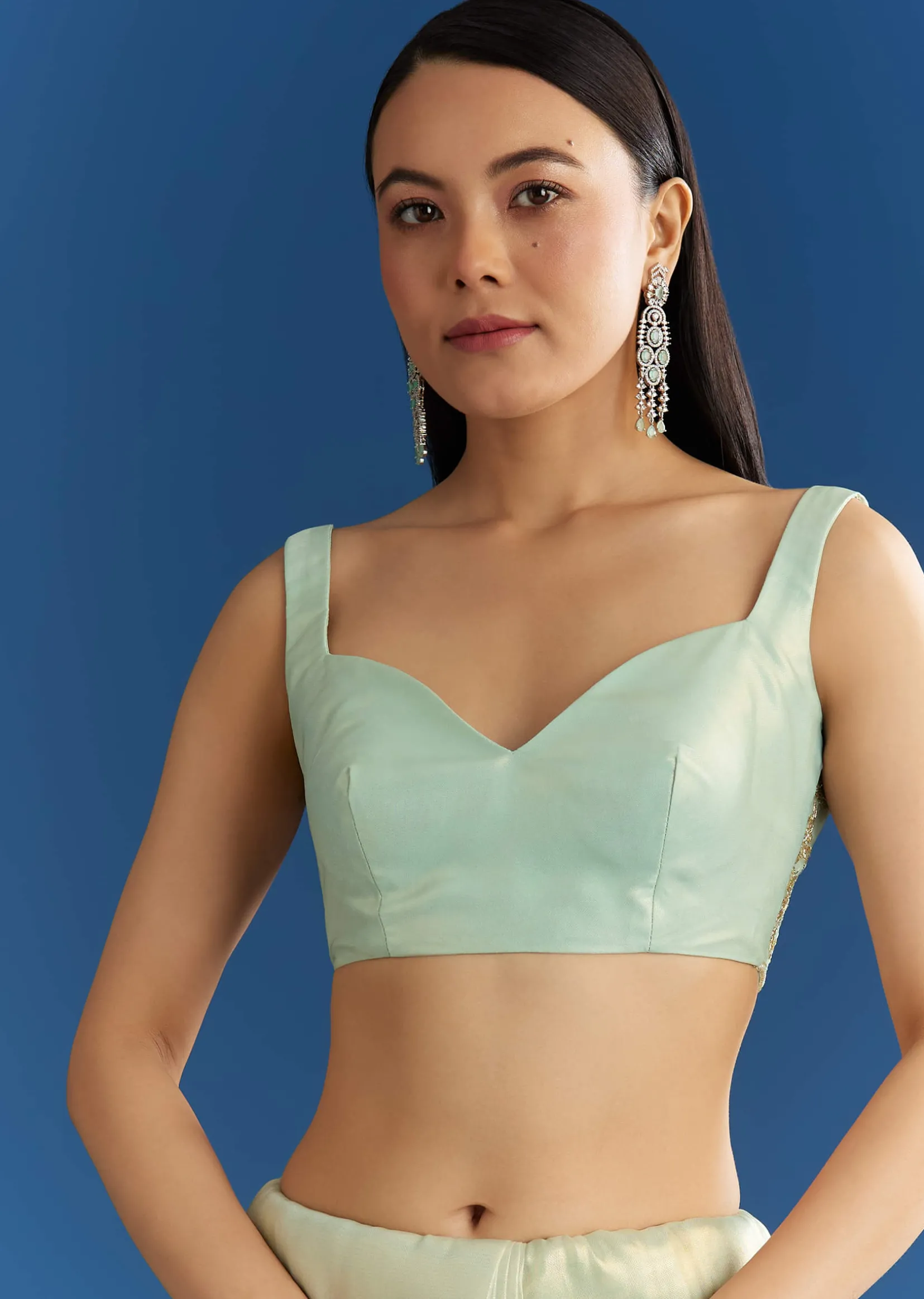 Aqua Blue Organza Tissue Embellishd Saree With Scallop Border