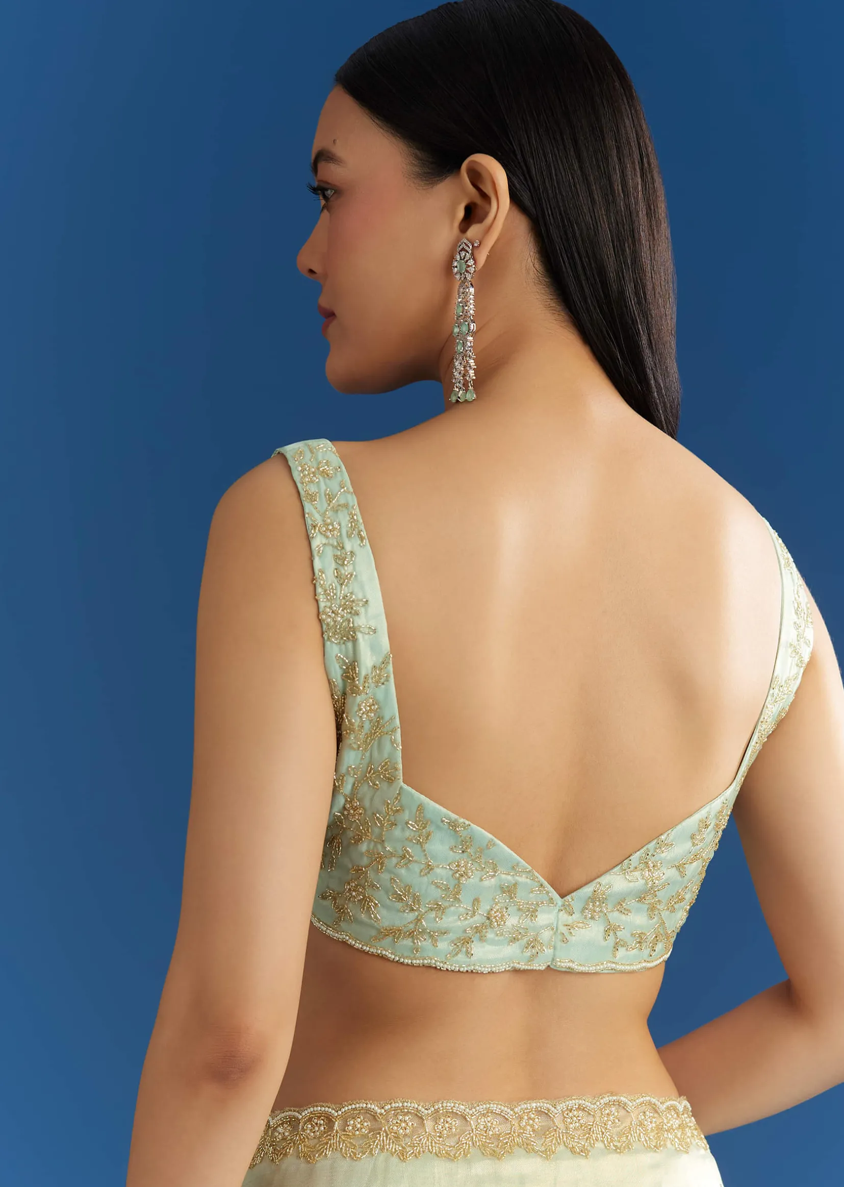 Aqua Blue Organza Tissue Embellishd Saree With Scallop Border