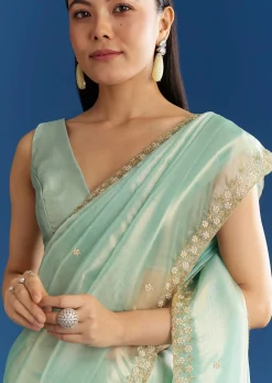 Aqua Blue Organza Tissue Saree With Cutdana And Beads Scallop Border