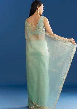Aqua Blue Organza Tissue Saree With Cutdana And Beads Scallop Border