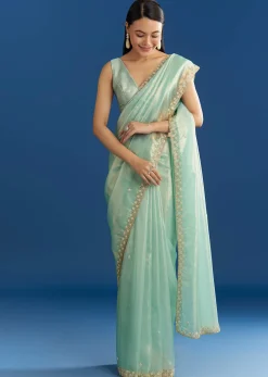 Aqua Blue Organza Tissue Saree With Cutdana And Beads Scallop Border