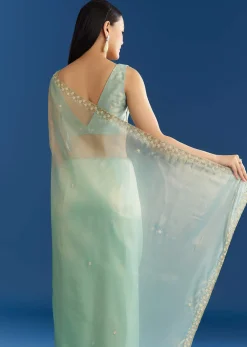 Aqua Blue Organza Tissue Saree With Cutdana And Beads Scallop Border