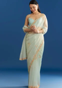 Aqua Blue Organza Tissue Saree With Multicolor Border