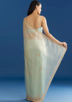 Aqua Blue Organza Tissue Saree With Multicolor Border