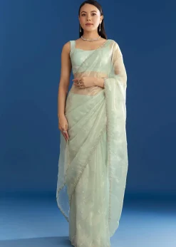 Aqua Blue Organza Tissue Saree With Embellished Border