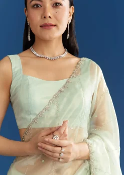 Aqua Blue Organza Tissue Saree With Embellished Border