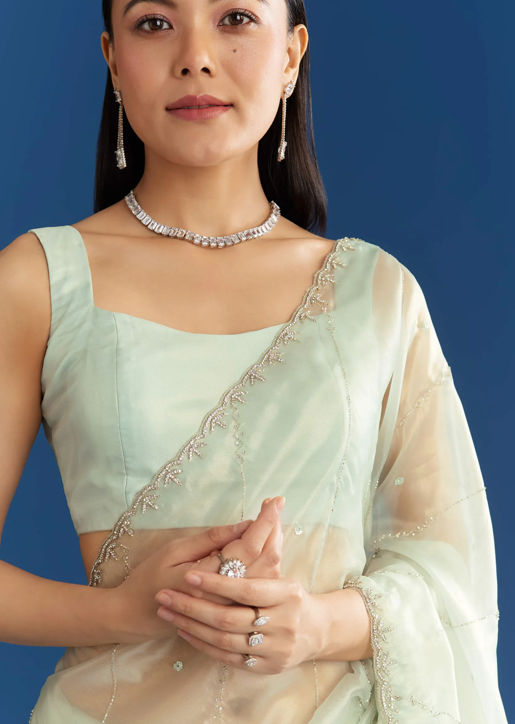 Aqua Blue Organza Tissue Saree With Embellished Border