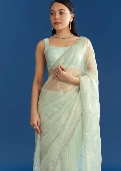 Aqua Blue Organza Tissue Saree With Embellished Border