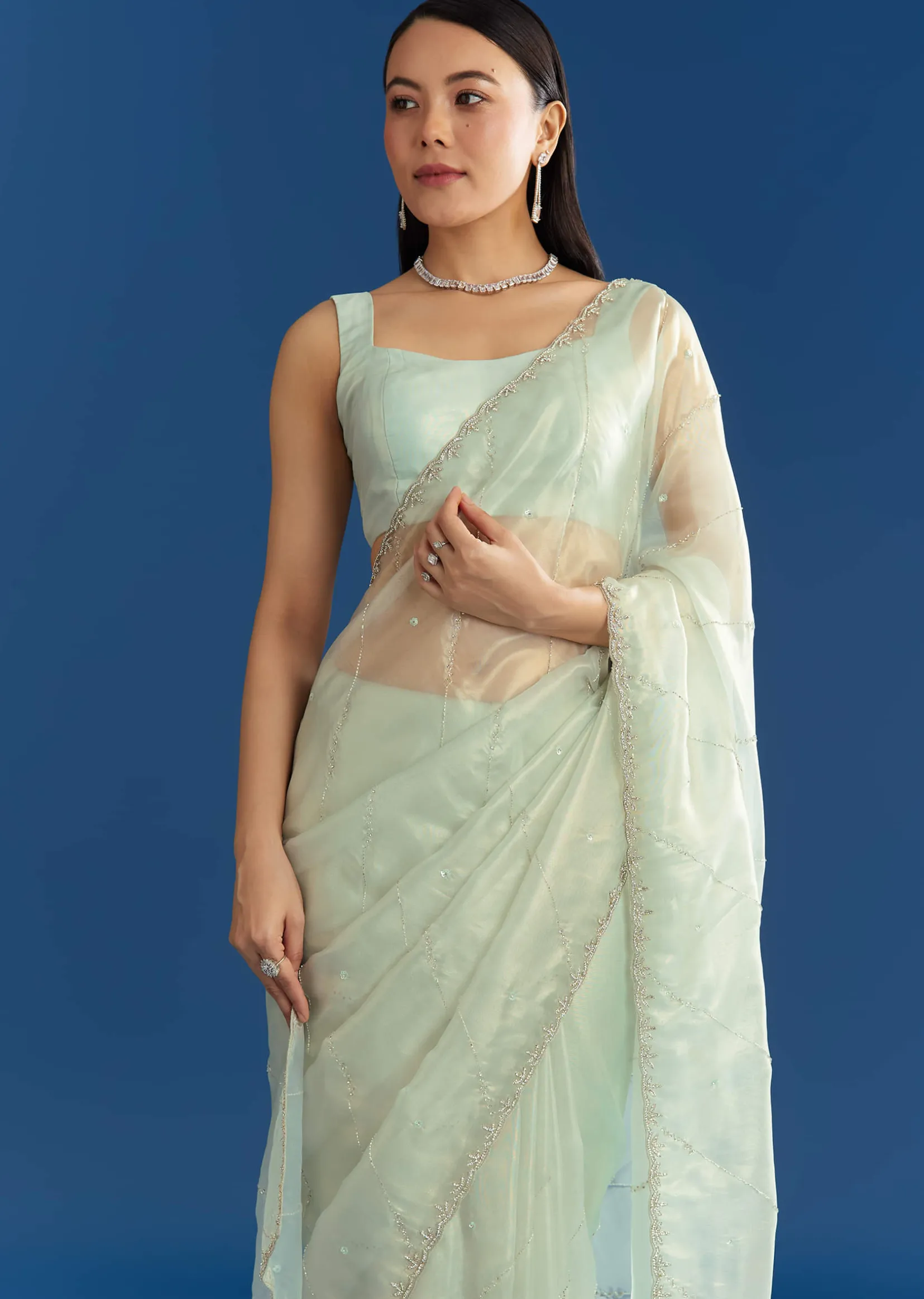 Aqua Blue Organza Tissue Saree With Embellished Border