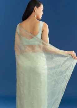 Aqua Blue Organza Tissue Saree With Embellished Border