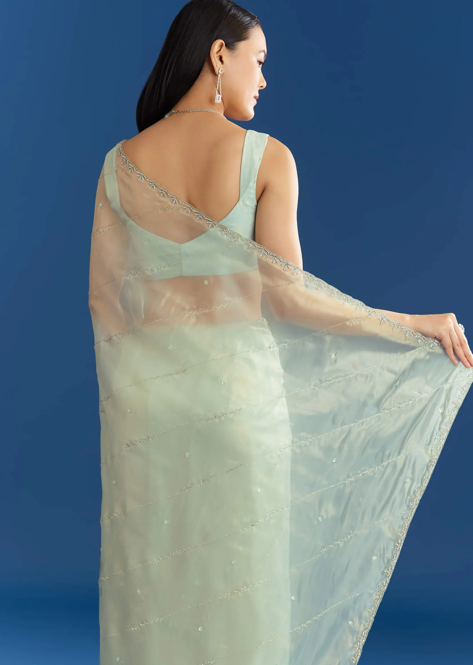 Aqua Blue Organza Tissue Saree With Embellished Border