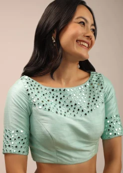 Aqua Blue Padded Blouse With Mirror Work And Half Sleeves