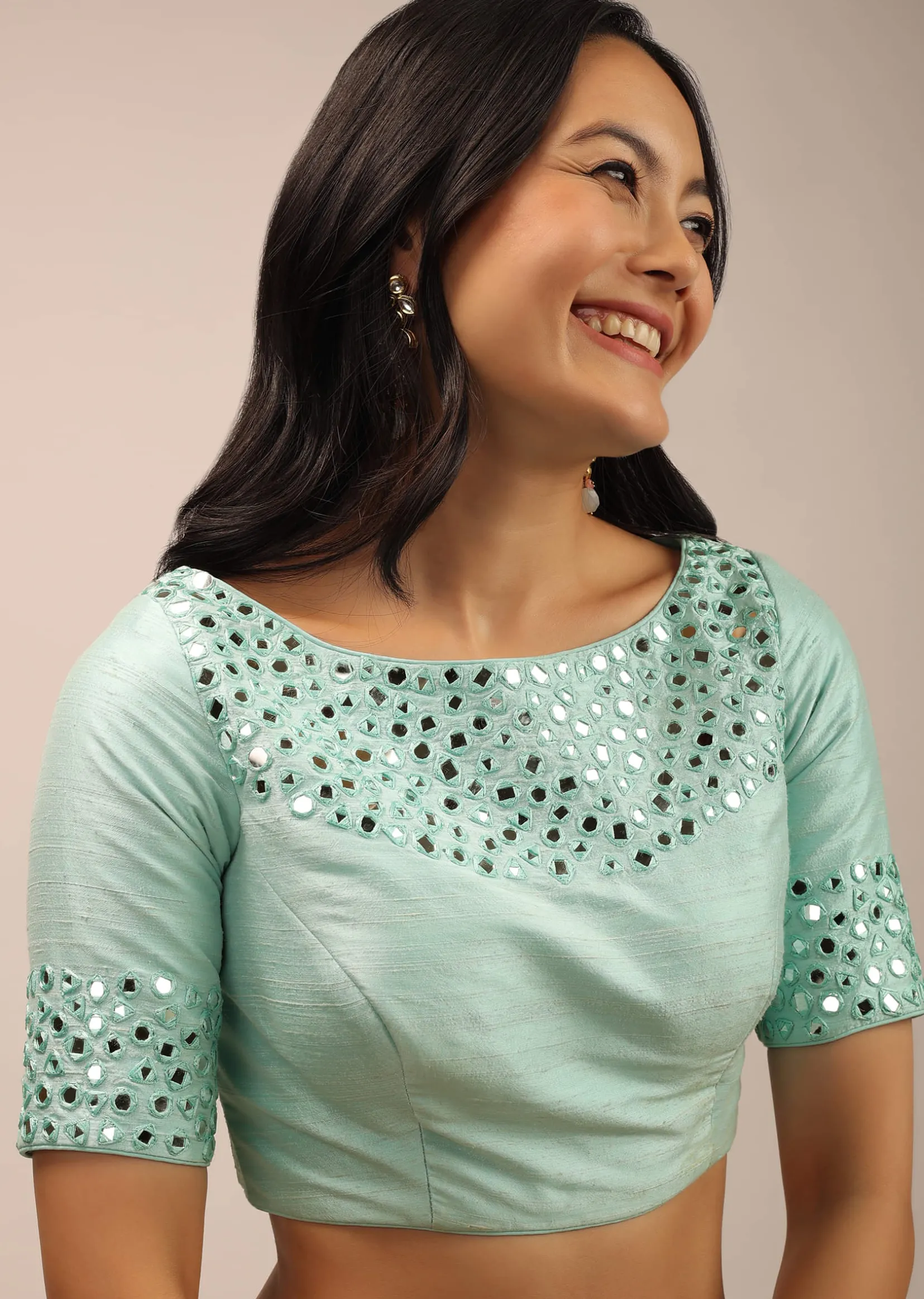 Aqua Blue Padded Blouse With Mirror Work And Half Sleeves