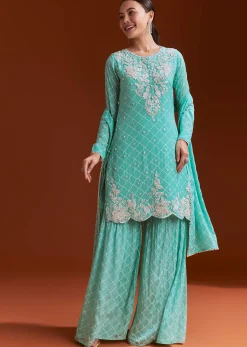 Aqua Blue Printed Chinon Sharara Set With Cut Dana And Sequins