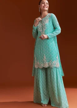 Aqua Blue Printed Chinon Sharara Set With Cut Dana And Sequins