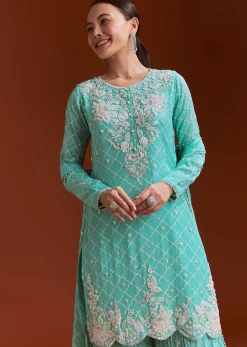 Aqua Blue Printed Chinon Sharara Set With Cut Dana And Sequins