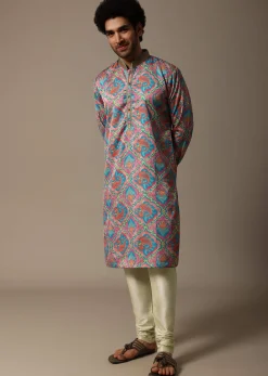 Aqua Blue Printed Silk Kurta Set For Men