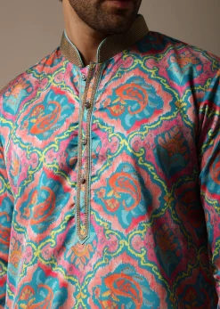 Aqua Blue Printed Silk Kurta Set For Men