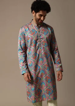 Aqua Blue Printed Silk Kurta Set For Men