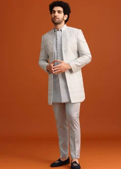 Aqua Blue Satin Silk Embroidered Sherwani Set