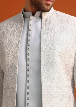 Aqua Blue Satin Silk Embroidered Sherwani Set